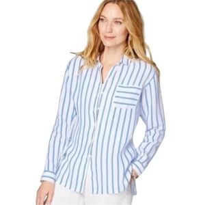 NEW J JILL Love Linen Blue/White Stripe 100% Linen Button Down Shirt‎ Size XS